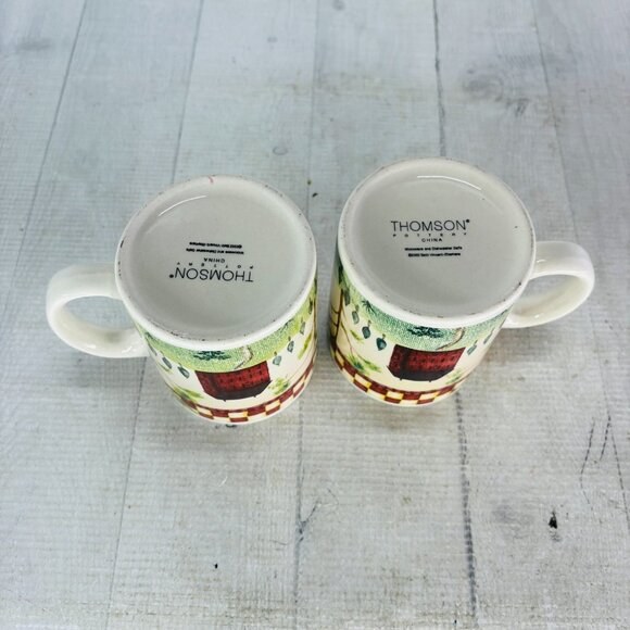 Thomson Pottery COUNTRY HOME Red White Check Farmhouse Tree 10 oz Cup Mugs Set 2 - Picture 7 of 15